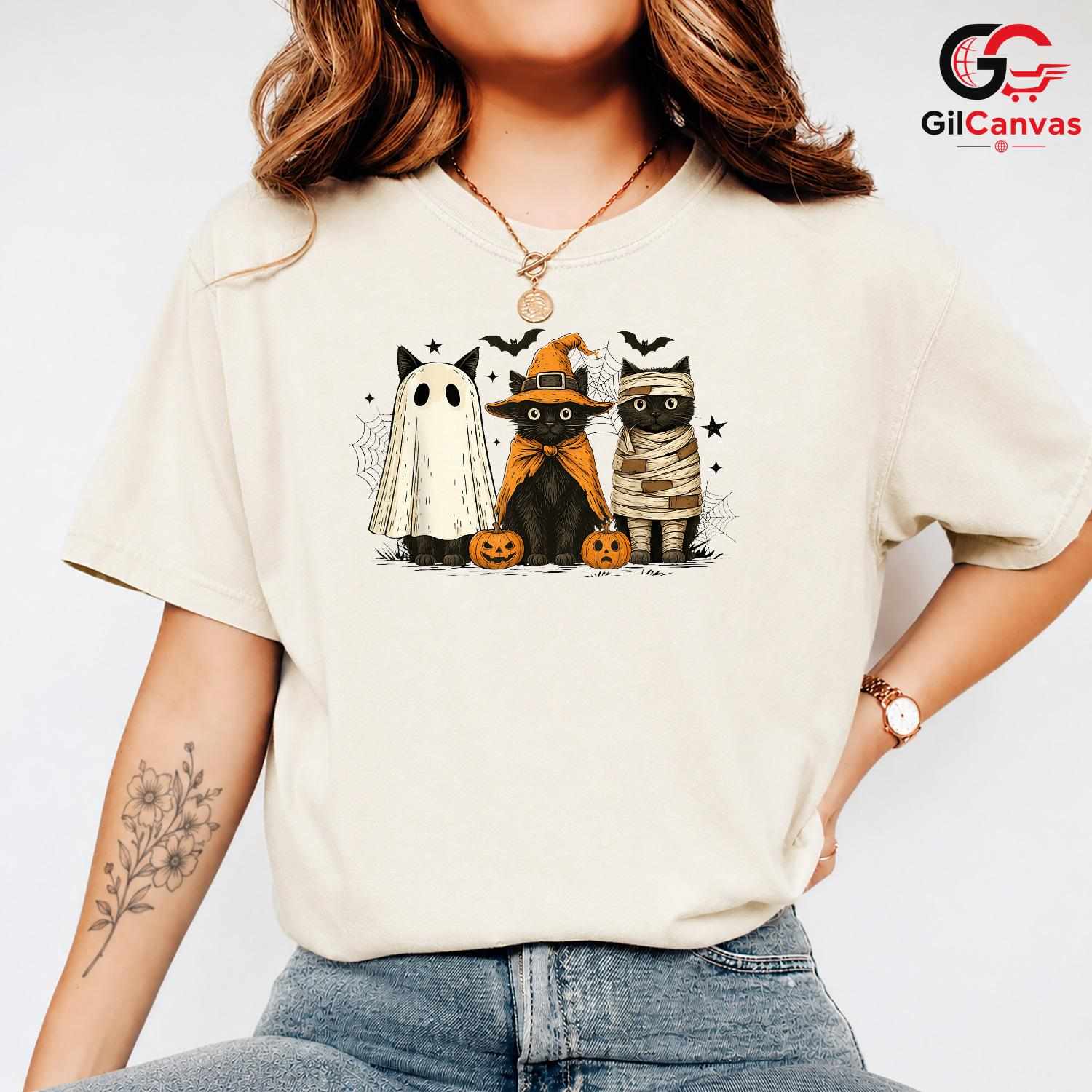 Adorable Black Cat Trio Tee Shirt Unisex Spooky Ghost Mummy Costume For Kids