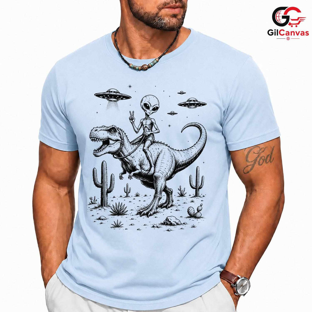 Alien Riding Dinosaur T-Shirt SciFi Desert UFO Unisex Peace Sign Graphic Tee