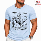 Alien Riding Dinosaur T-Shirt SciFi Desert UFO Unisex Peace Sign Graphic Tee