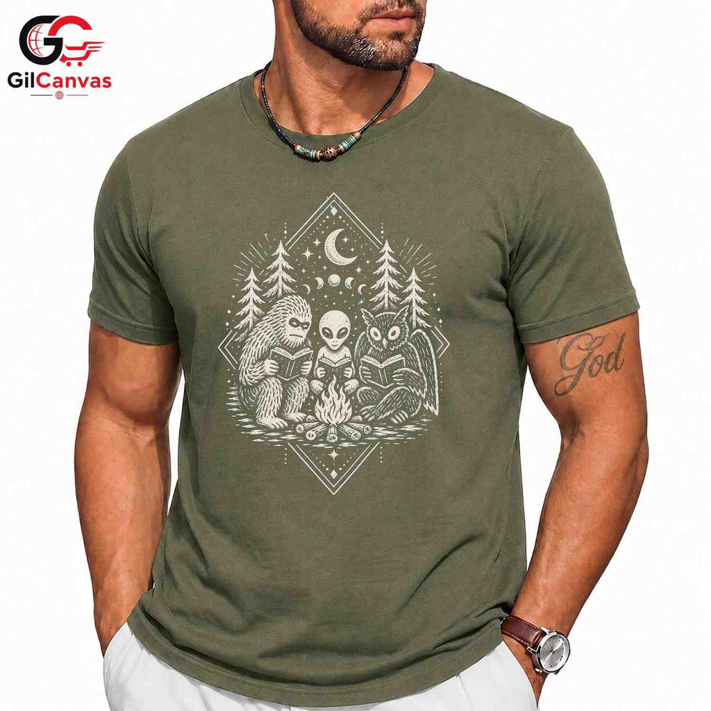 Alien Sasquatch Owl T-Shirt Unisex Cosplay Adventure Reading Stars Graphic Apparel
