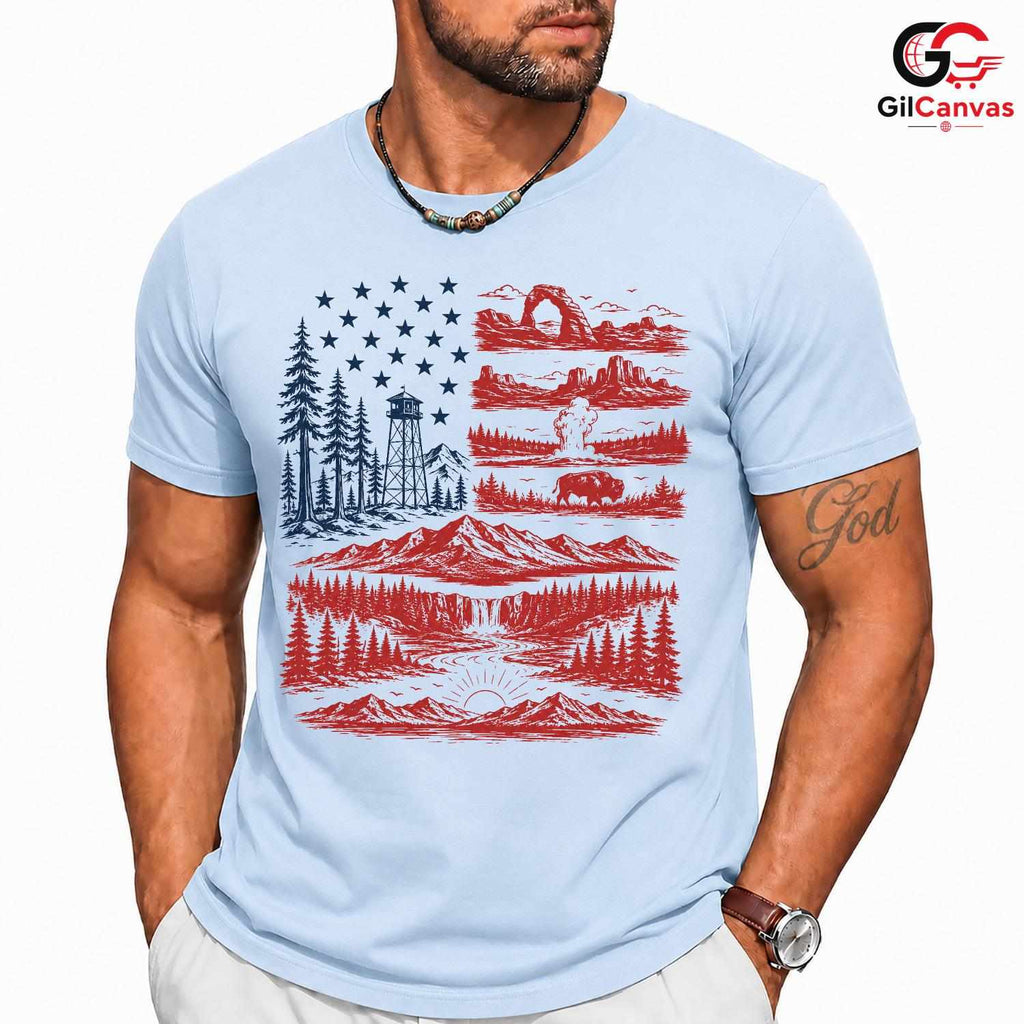 American Flag Nature Park T-Shirt Patriotic Wilderness Unisex Graphic Apparel Tee