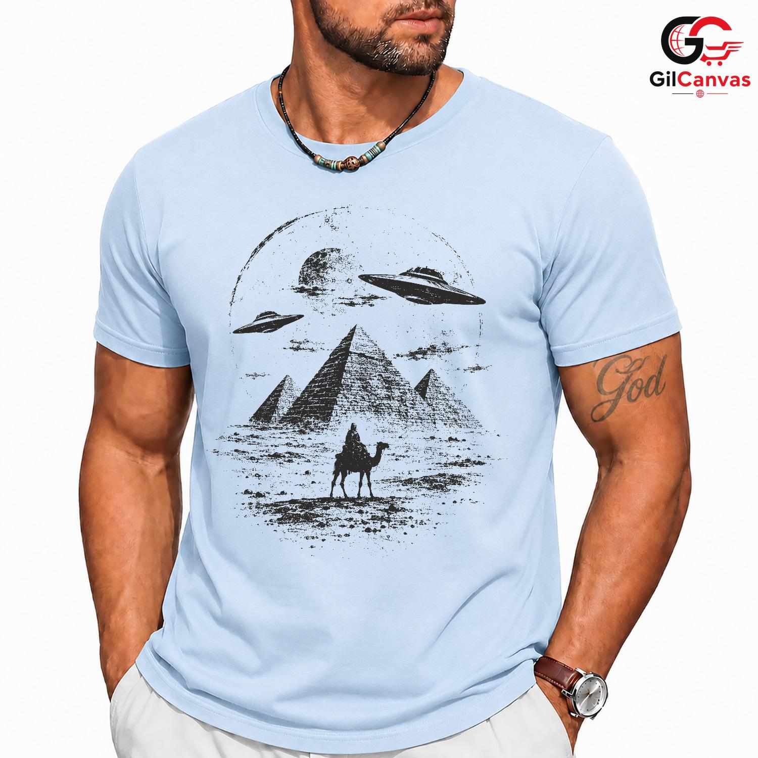 Ancient Alien Pyramid UFO T-Shirt Desert Camel Sci Fi Unisex Graphic Apparel Tee