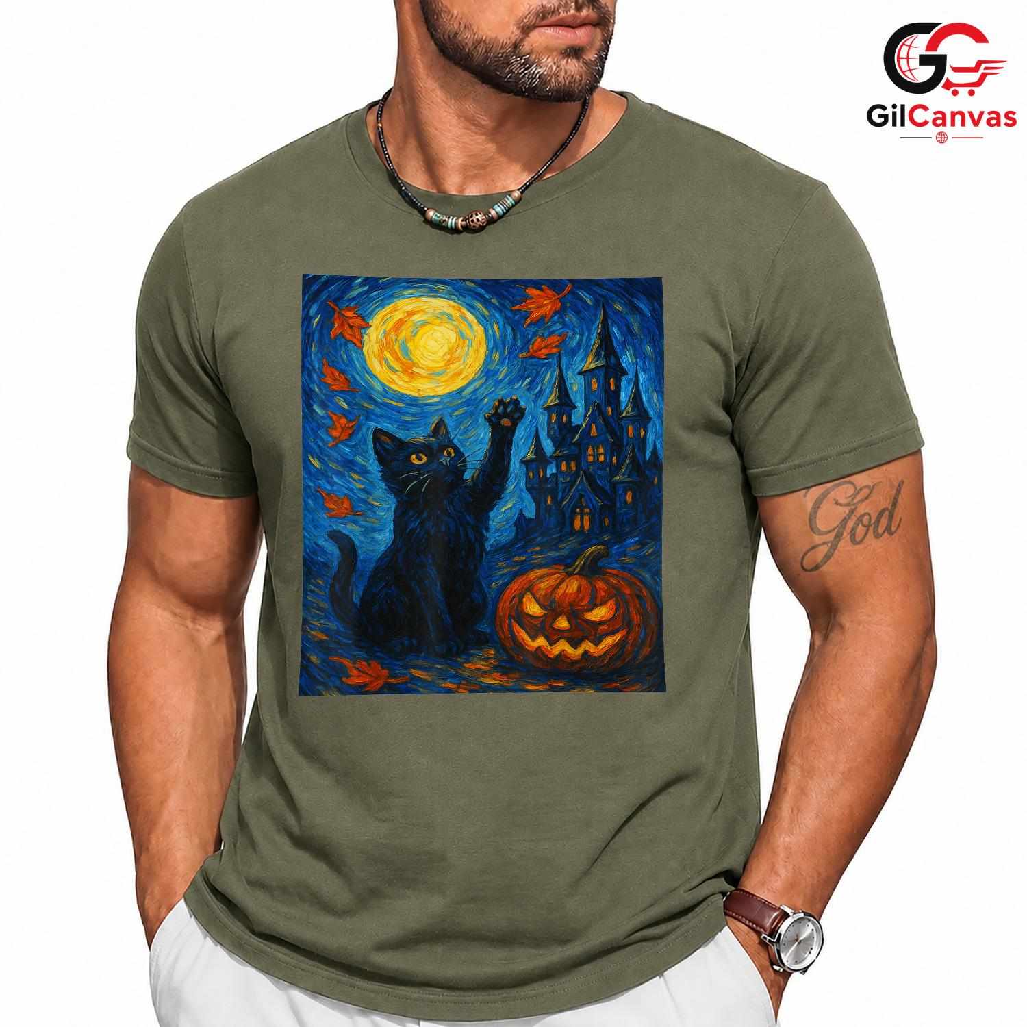 Artistic Starry Haunted Cat T-Shirt Unisex Spooky Full Moon Gift For Kids