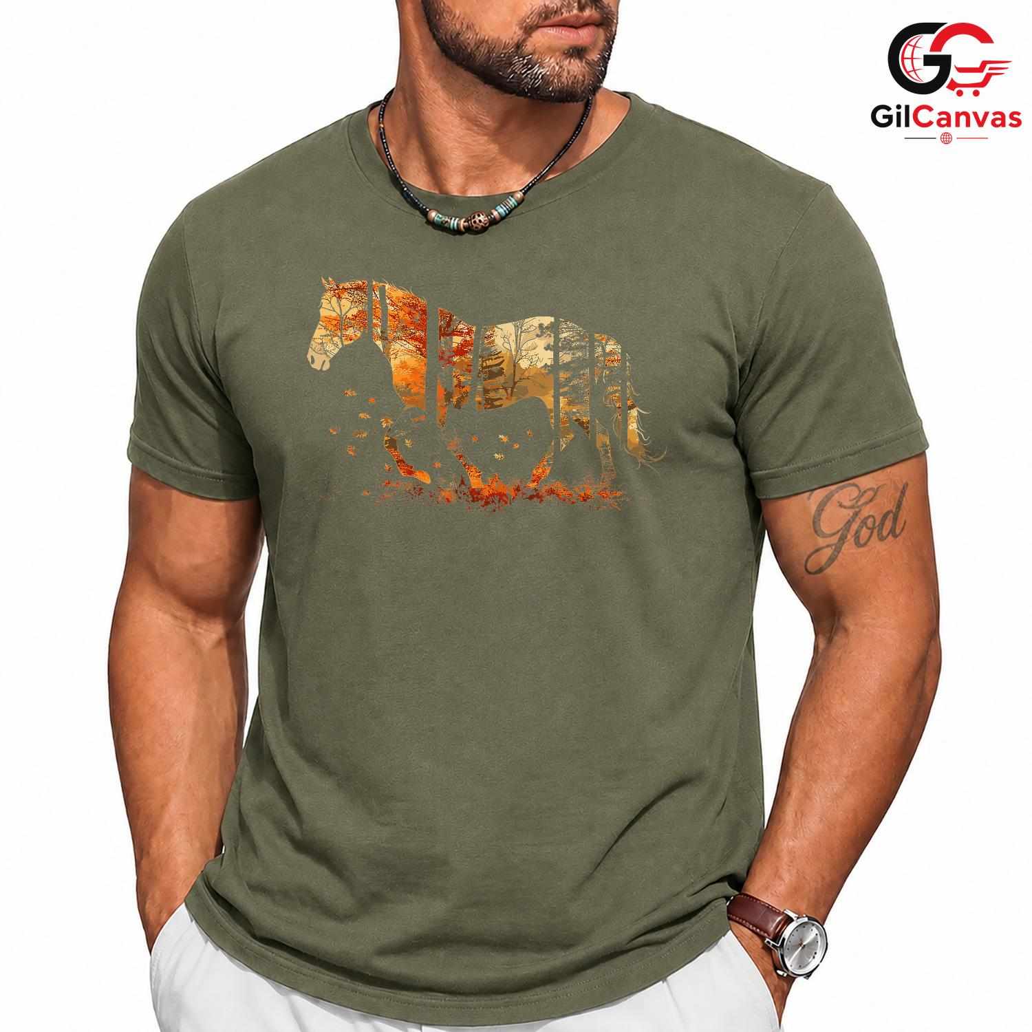 Autumn Forest Horse T-Shirt Unisex Silhouette Nature Equestrian Lover Gift