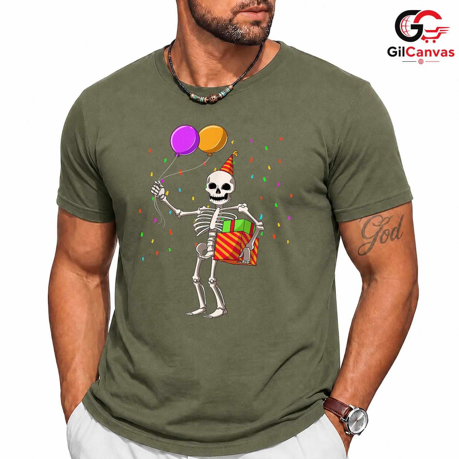 Birthday Skeleton Party Tee Shirt Unisex Funny Spooky Celebration Humorous Gift