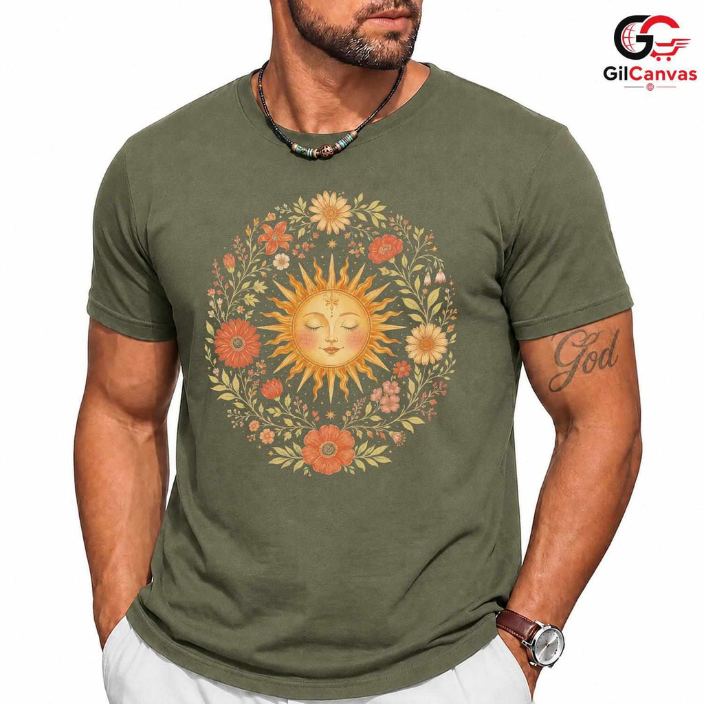Boho Floral Sun Face T-Shirt Sleeping Summer Solstice Unisex Celestial Nature Tee