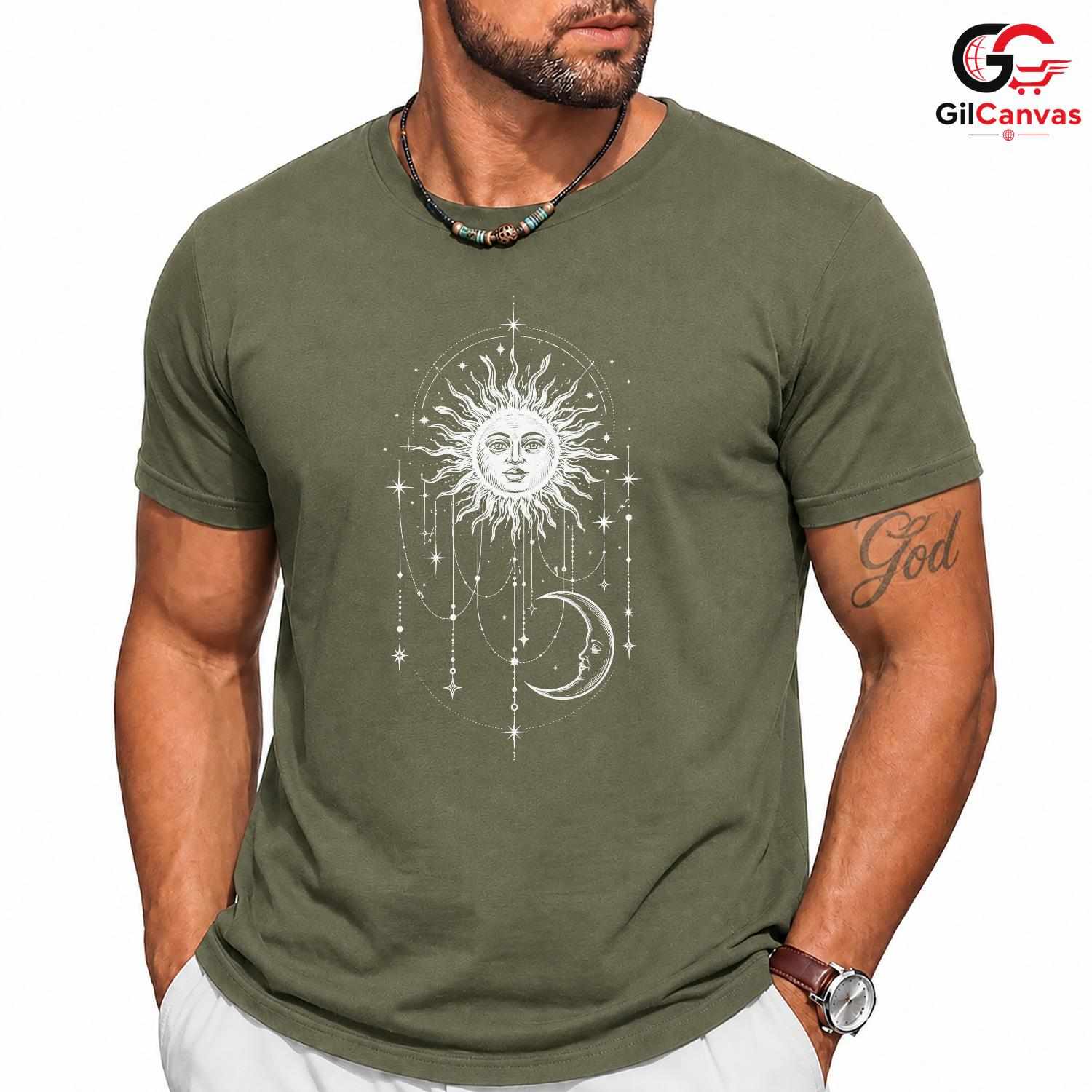 Celestial Sun Moon Stars T-Shirt Bohemian Witchy Art Unisex Graphic Apparel Tee