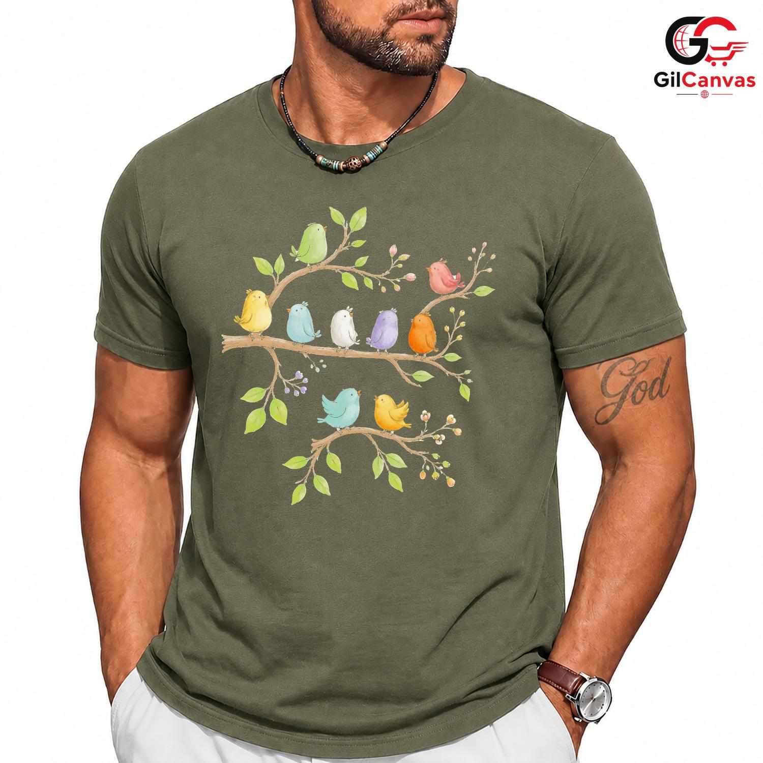 Colorful Bird Floral Tee Shirt Spring Event Cute Nature Unisex Graphic Tee