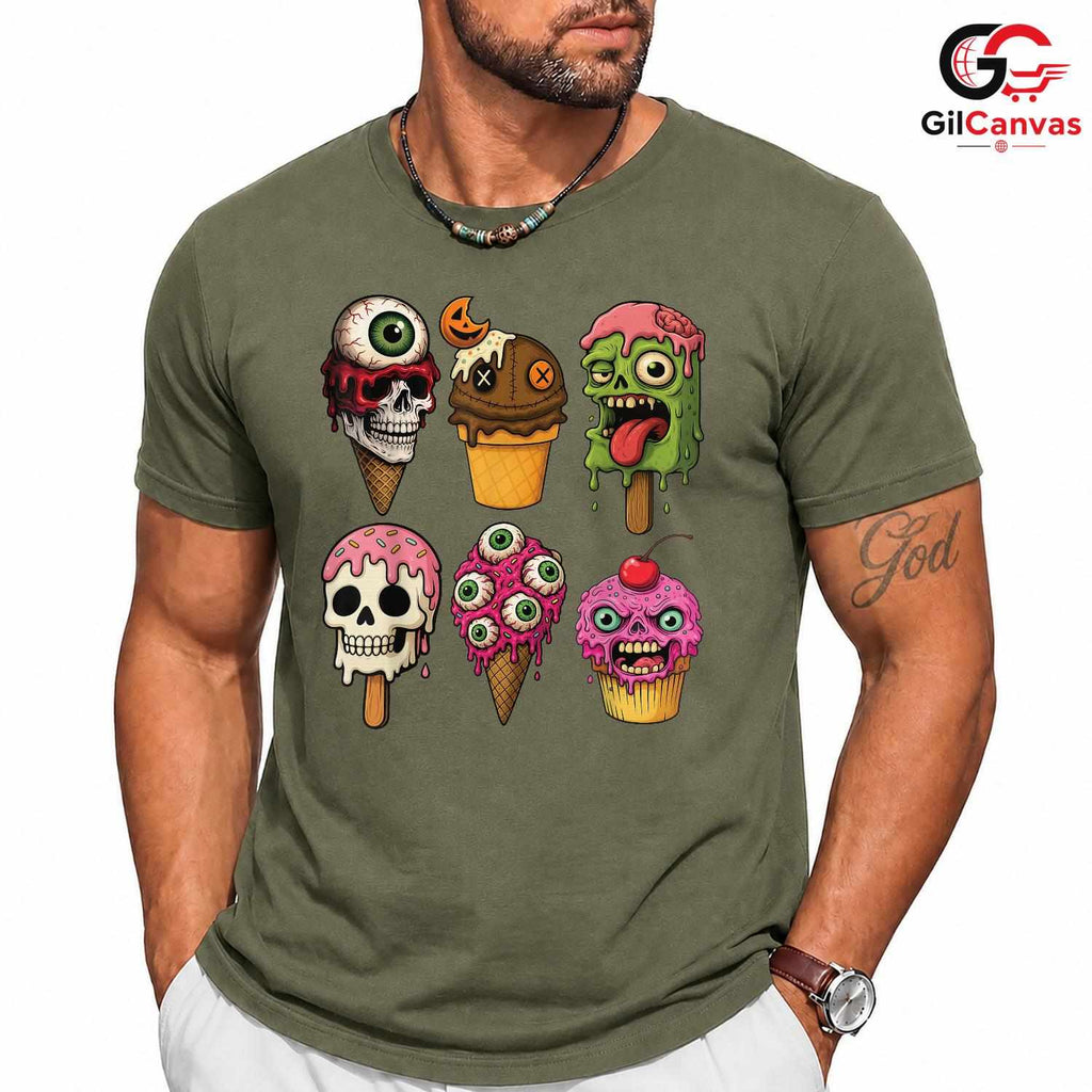 Creepy Ice Cream Skull T-Shirt Unisex Cool Halloween Party Gift Teens Adults