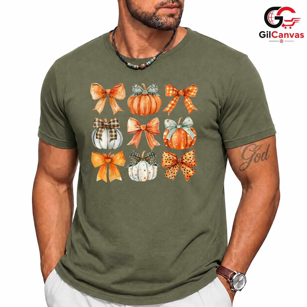 Cute Autumn Pumpkin Bow Fall T-Shirt Unisex Thanksgiving Plaid Harvest Gift