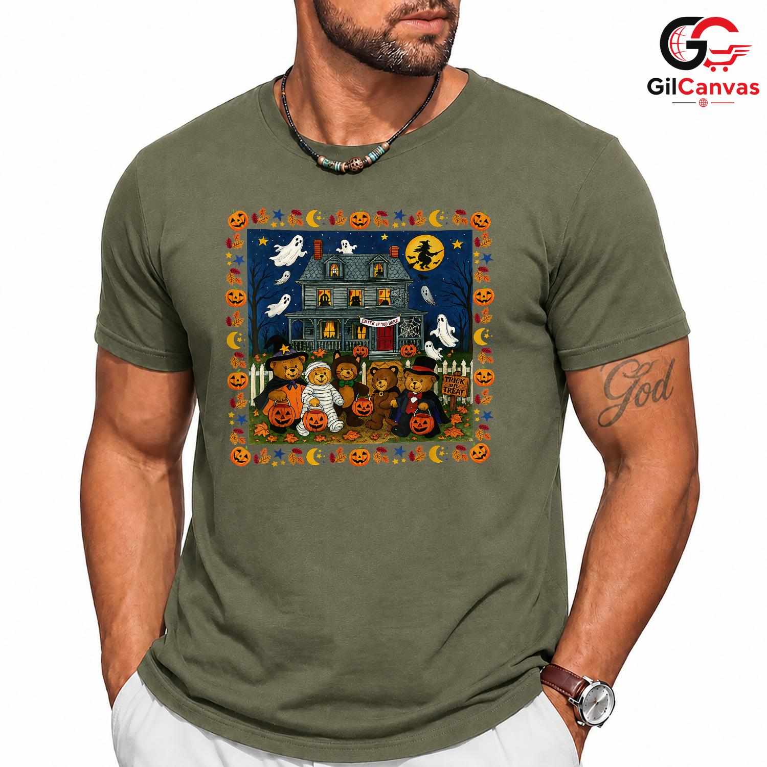 Cute Bear Pumpkin Fall Tee Shirt Unisex Spooky Halloween Gift Kids And Adults