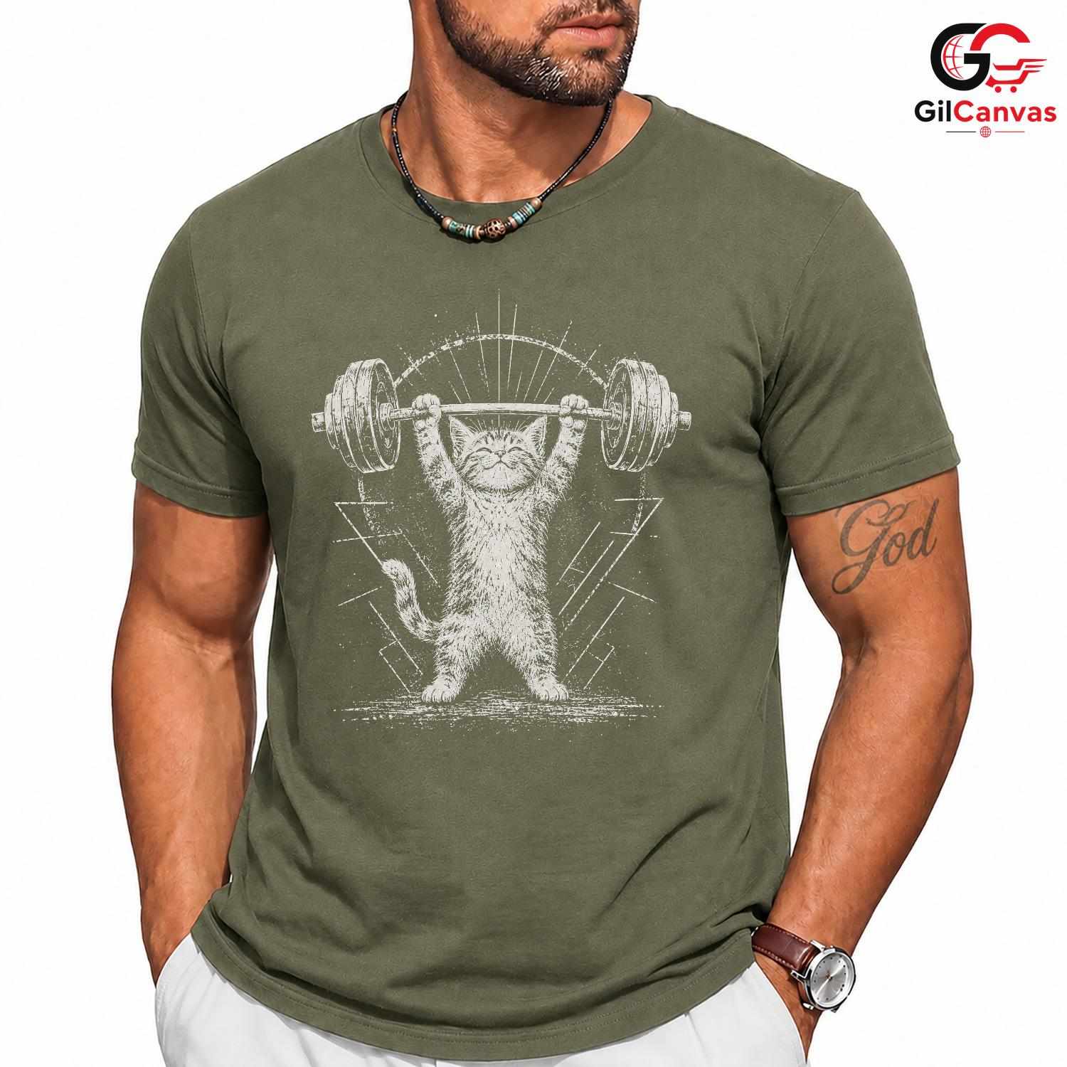 Cute Cat Barbell Workout T-Shirt Gym Fitness Lover Gift Unisex Graphic Apparel