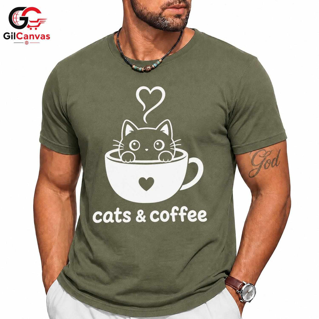 Cute Cat Coffee T-Shirt Feline Lover Perfect Occasion Custom Graphic Unisex