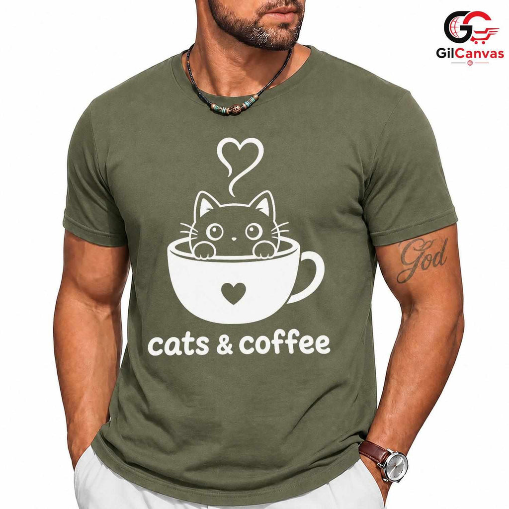 Cute Cat Coffee T-Shirt Feline Lover Perfect Occasion Custom Graphic Unisex