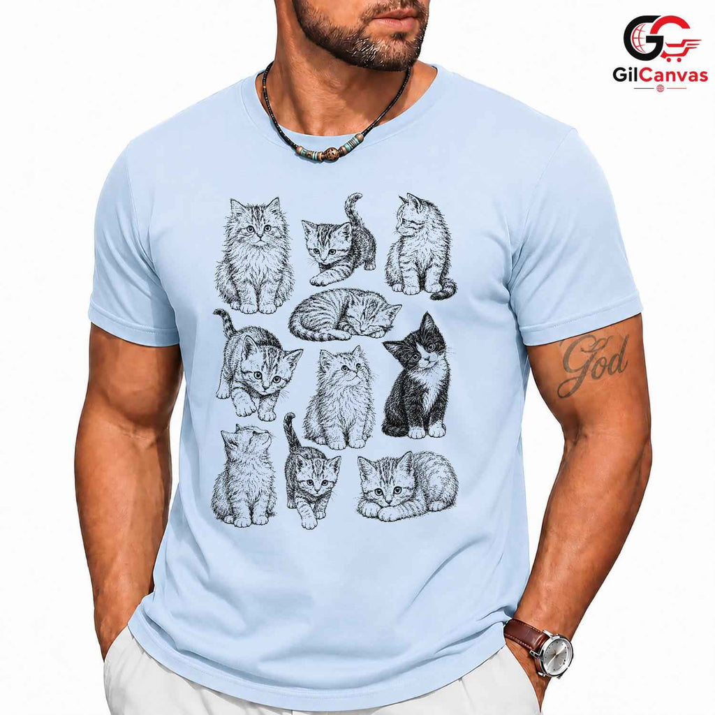 Cute Cat Illustration T-Shirt Feline Lover Perfect Gift Idea Women Men Shirt