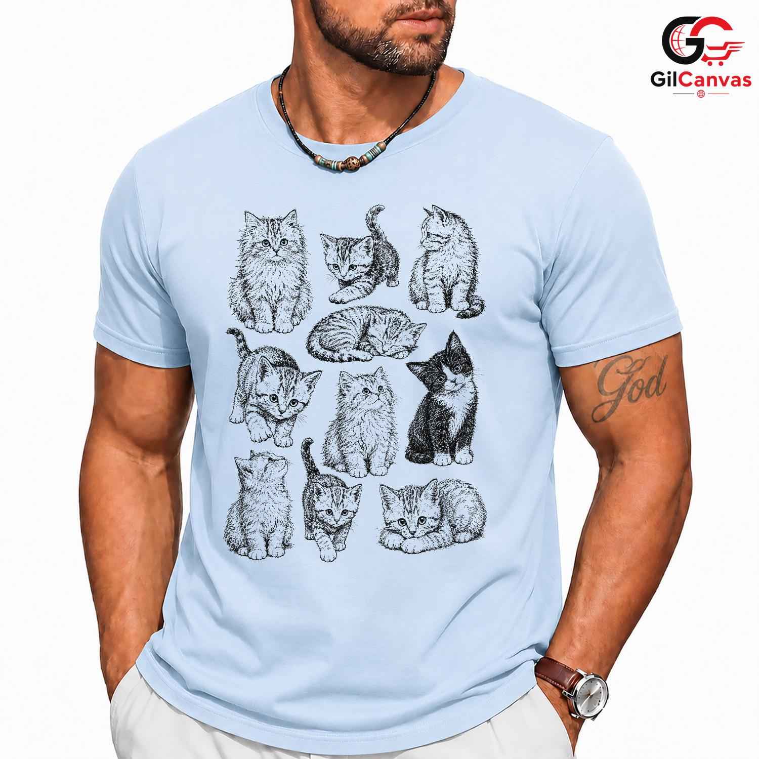 Cute Cat Illustration T-Shirt Feline Lover Perfect Gift Idea Women Men Shirt