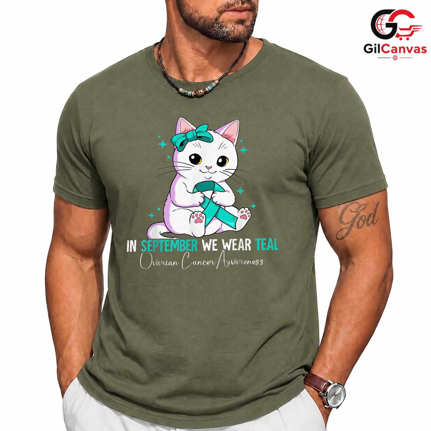 Cute Cat Ovarian Cancer Shirt Unisex September Awareness Ribbon Gift For All