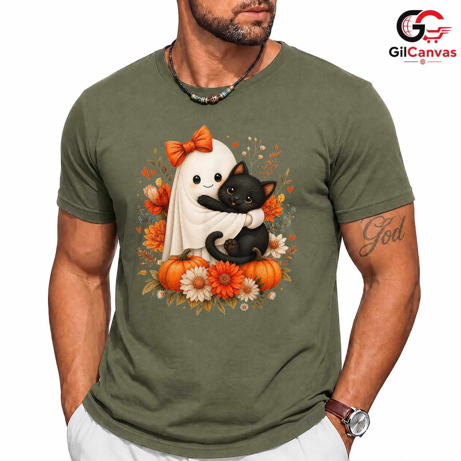 Cute Ghost And Cat Tee Shirt Unisex Fun Spooky Halloween Gift Idea For Kids