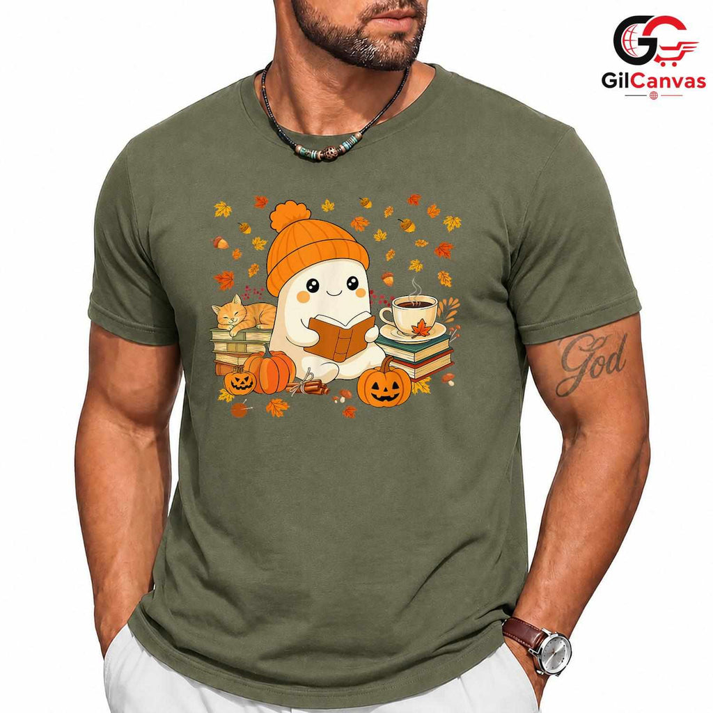 Cute Ghost Reading T-Shirt Unisex Spooky Halloween Book Gift Kids And Teens