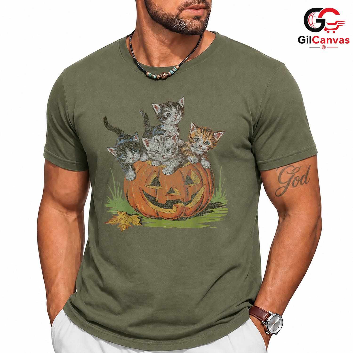 Cute Kitten Pumpkin Tee Shirt Unisex Halloween Cat Lover Gift Idea For Kids
