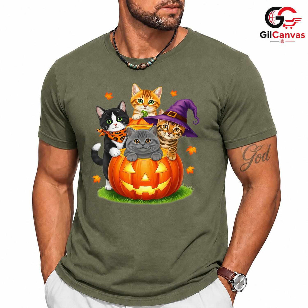 Cute Kitten Pumpkin Tee Shirt Unisex Fun Halloween Cat Lover Gift For Kids