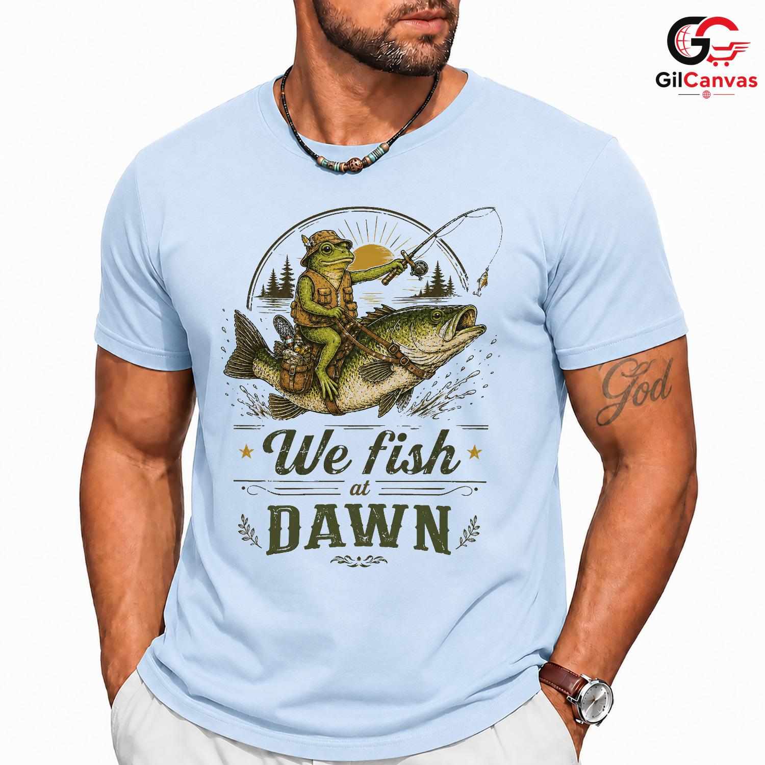 Dawn Fishing Frog Tee Shirt Outdoor Angler Adventure Unisex Graphic Apparel