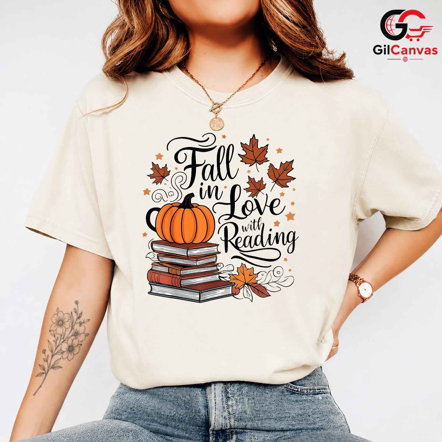 Fall In Love Reading Book Tee Unisex Cute Pumpkin Autumn Gift For Readers