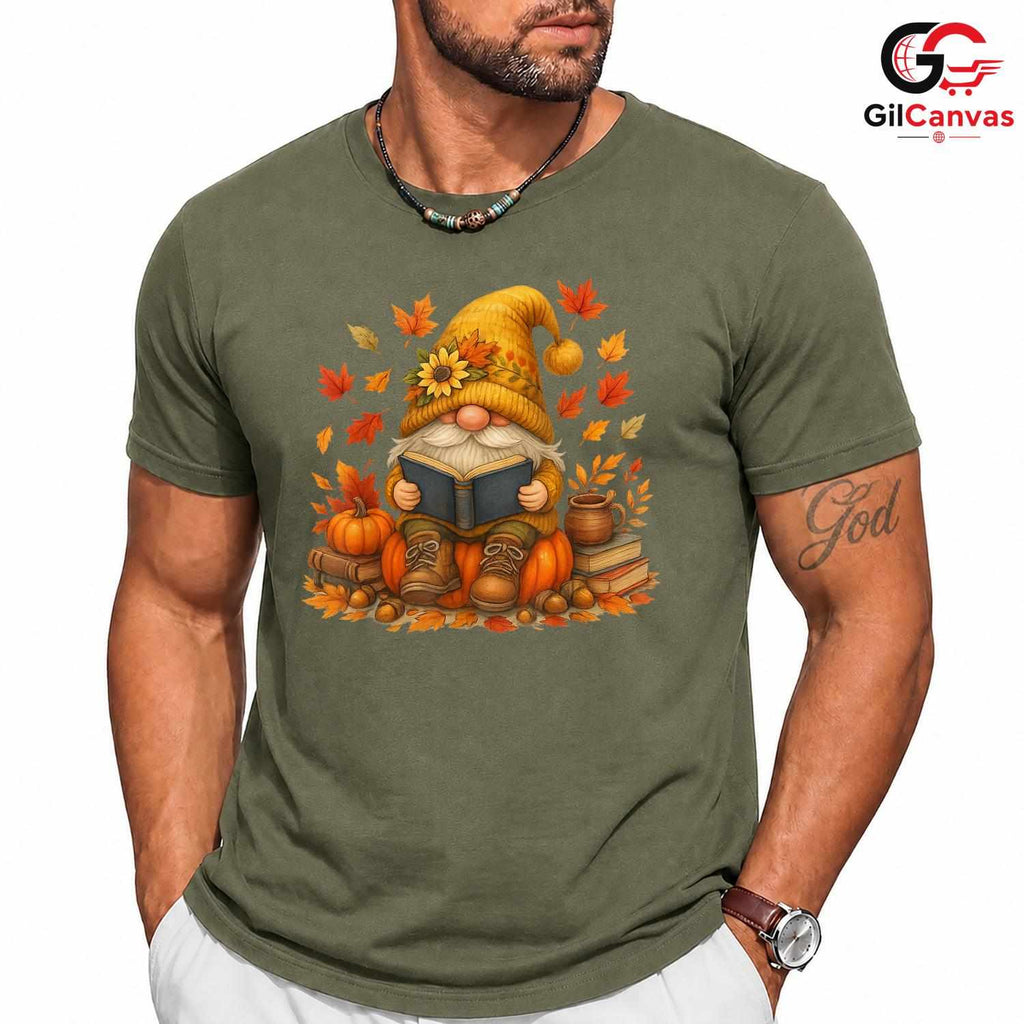 Fall Reading Gnome T-Shirt Unisex Cute Autumn Book Lover Enthusiast Gift
