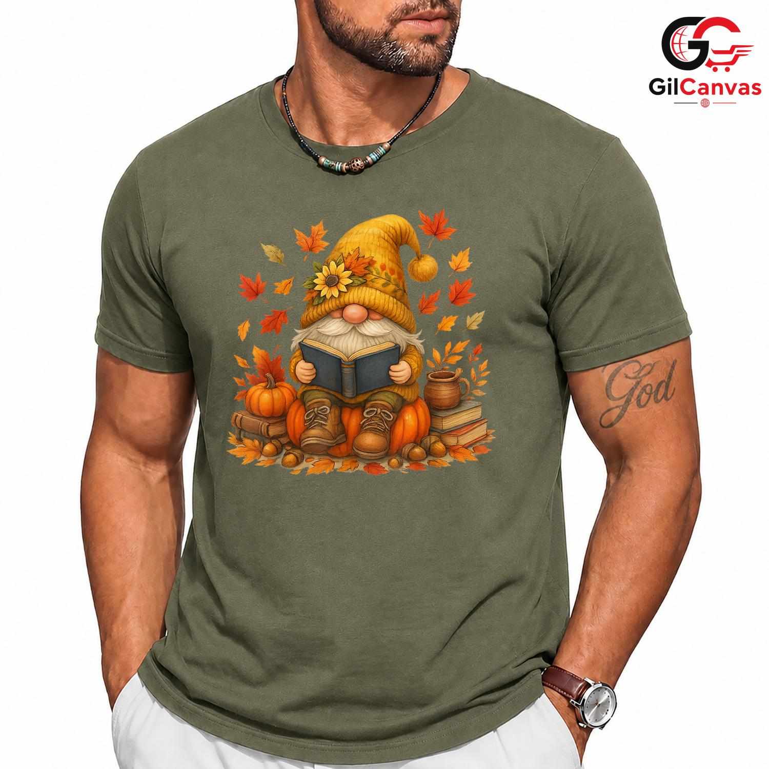 Fall Reading Gnome T-Shirt Unisex Cute Autumn Book Lover Enthusiast Gift