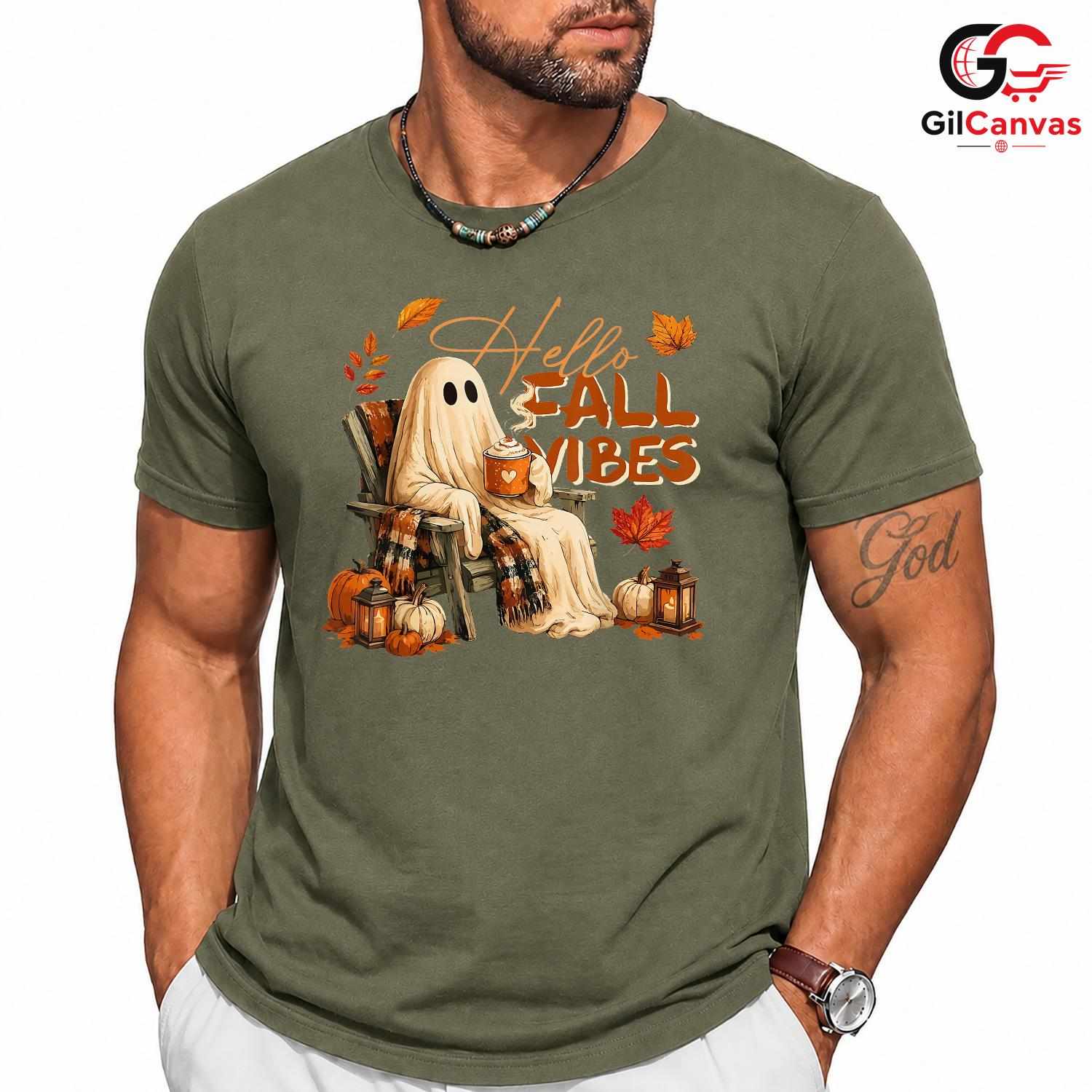 Fall Vibes Ghost Halloween Tee Unisex Spooky Autumn Lover Gift Kids Adults