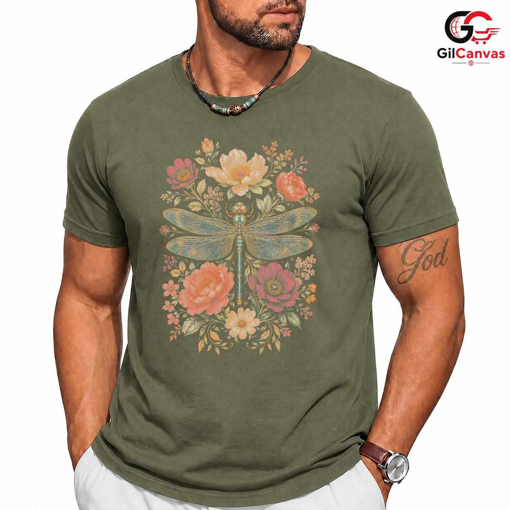 Floral Dragonfly T-Shirt Spring Fashion Garden Party Eco Friendly Women Tee