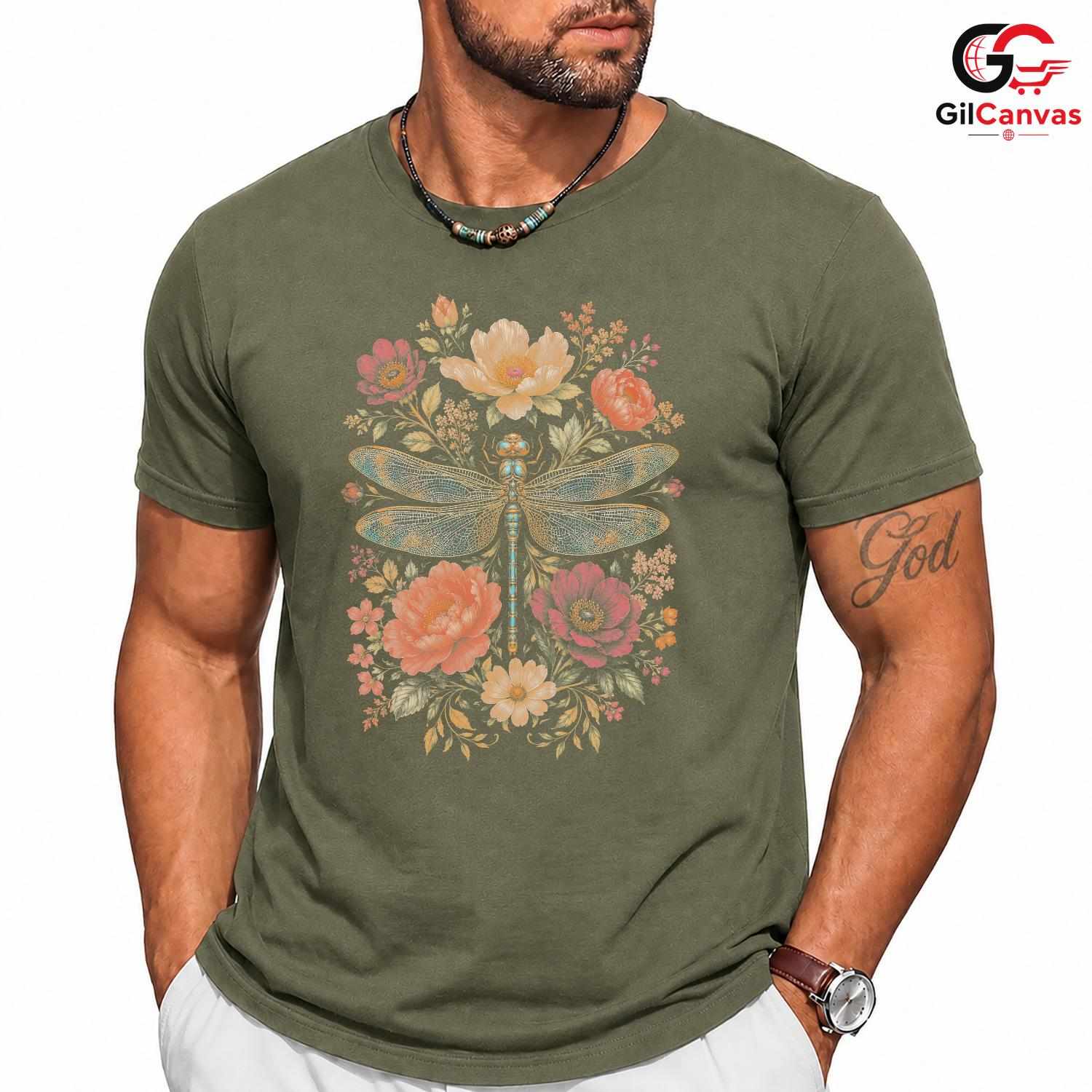 Floral Dragonfly T-Shirt Spring Fashion Garden Party Eco Friendly Women Tee