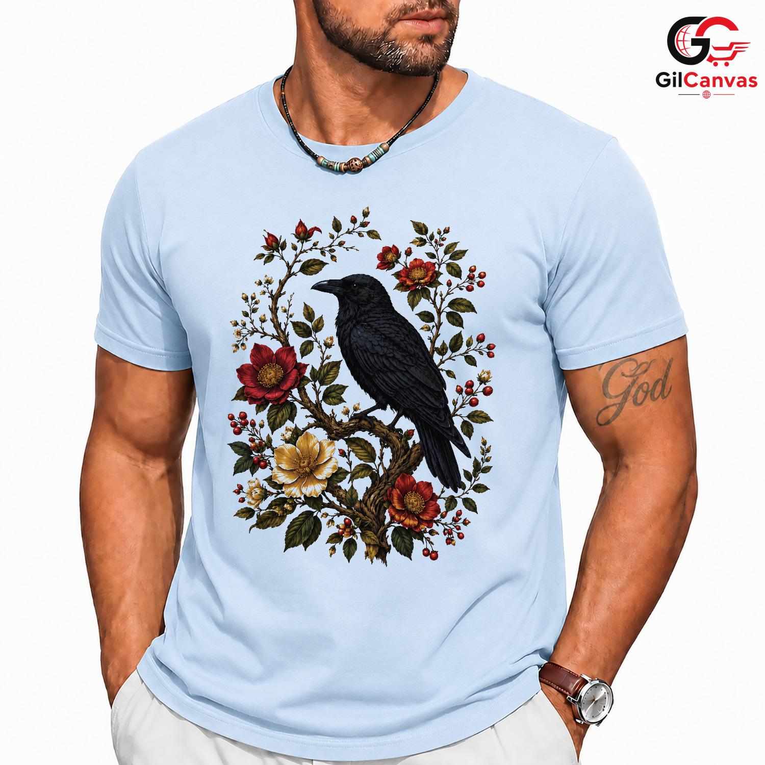 Floral Raven Art Halloween Tee Men Women Spooky Bird Design Nature Graphic Shirt