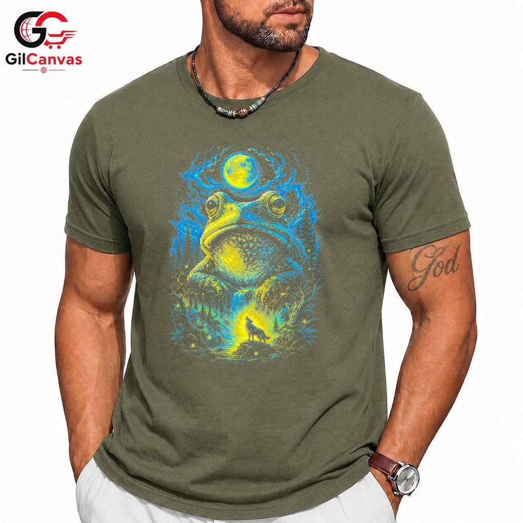 Forest Moon Frog T-Shirt Waterfall Design Halloween Graphic Men Women Apparel