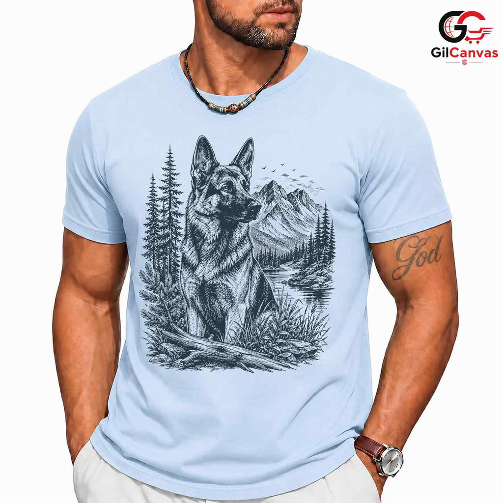 German Shepherd River T-Shirt Forest Nature Dog Lover Unisex Mountain Apparel Tee