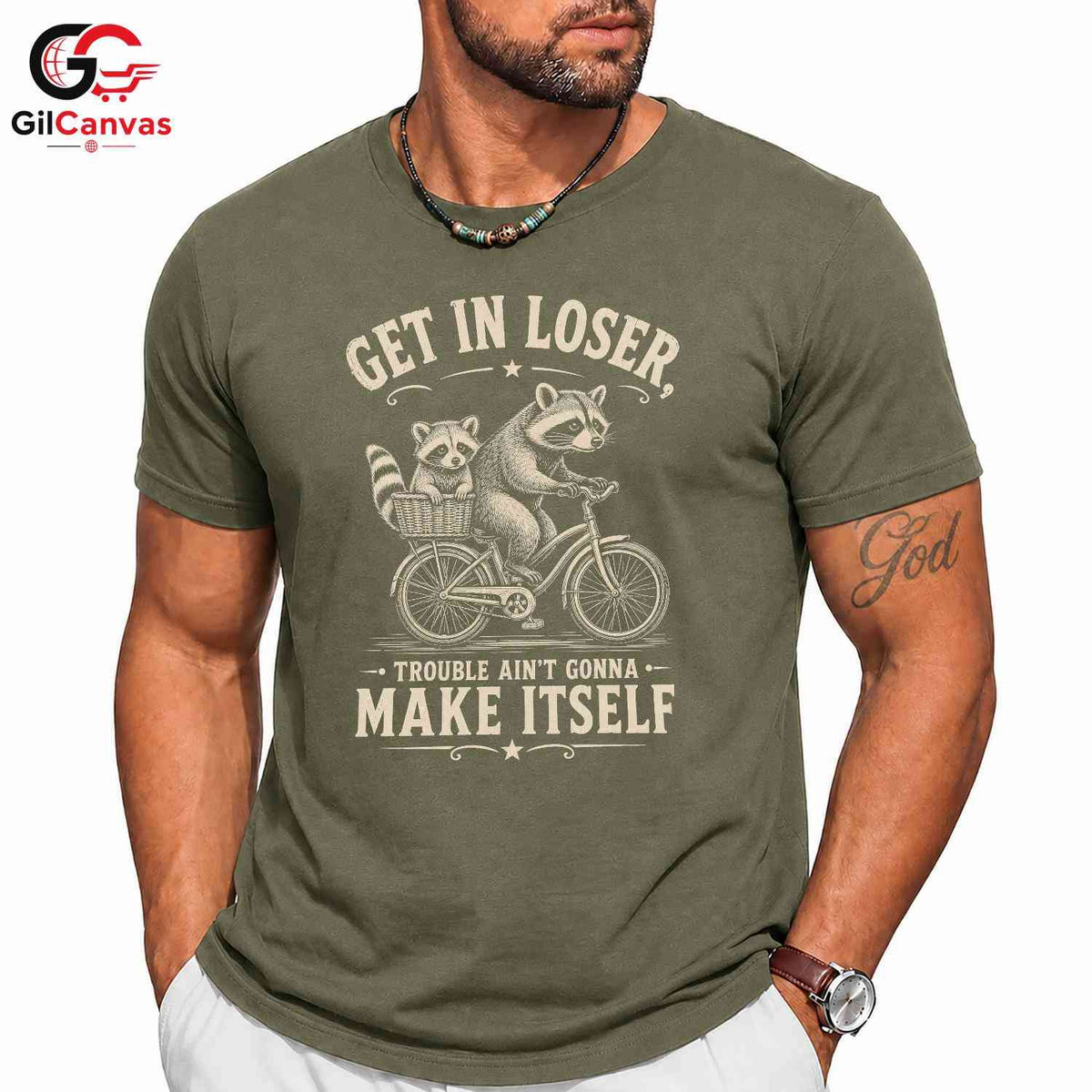 Get In Loser Raccoon T-Shirt Outdoor Adventure Humor Fun Graphic Unisex Tee