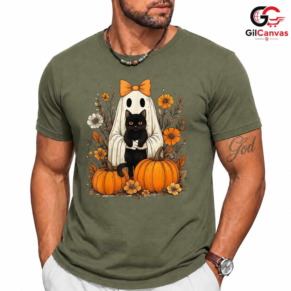 Ghost Black Cat Halloween T-Shirt Unisex Spooky Fall Event Gift Kids Adults