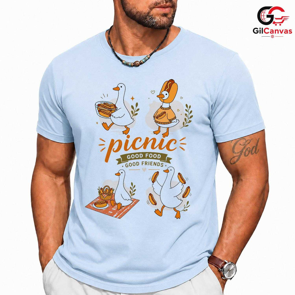 Good Food Friends Picnic T-Shirt Cute Duck Graphic Unisex Casual Apparel