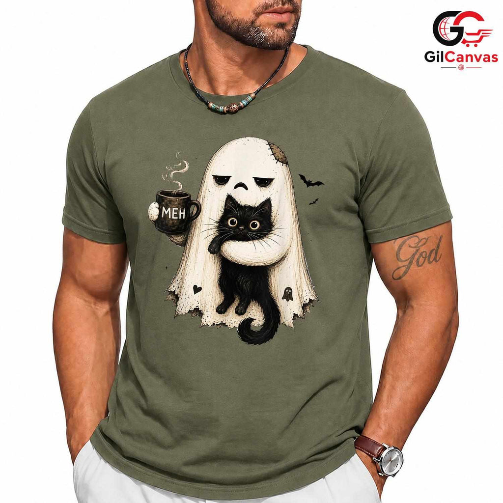 Grumpy Ghost Black Cat Mug T-Shirt Unisex Funny Spooky Autumn Gift For Lovers