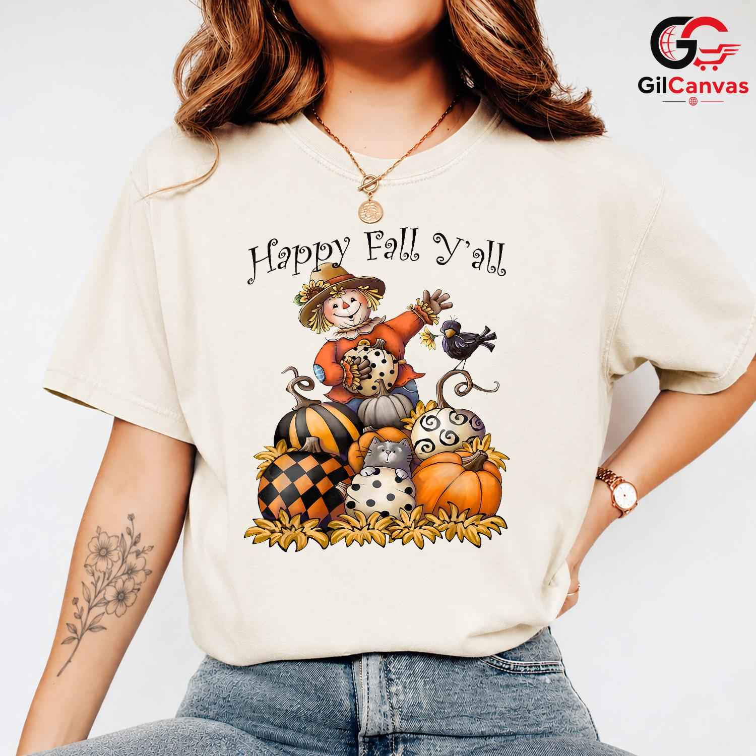 Happy Fall Yall Scarecrow Tee Unisex Cute Autumn Pumpkin Gift Kids Youth