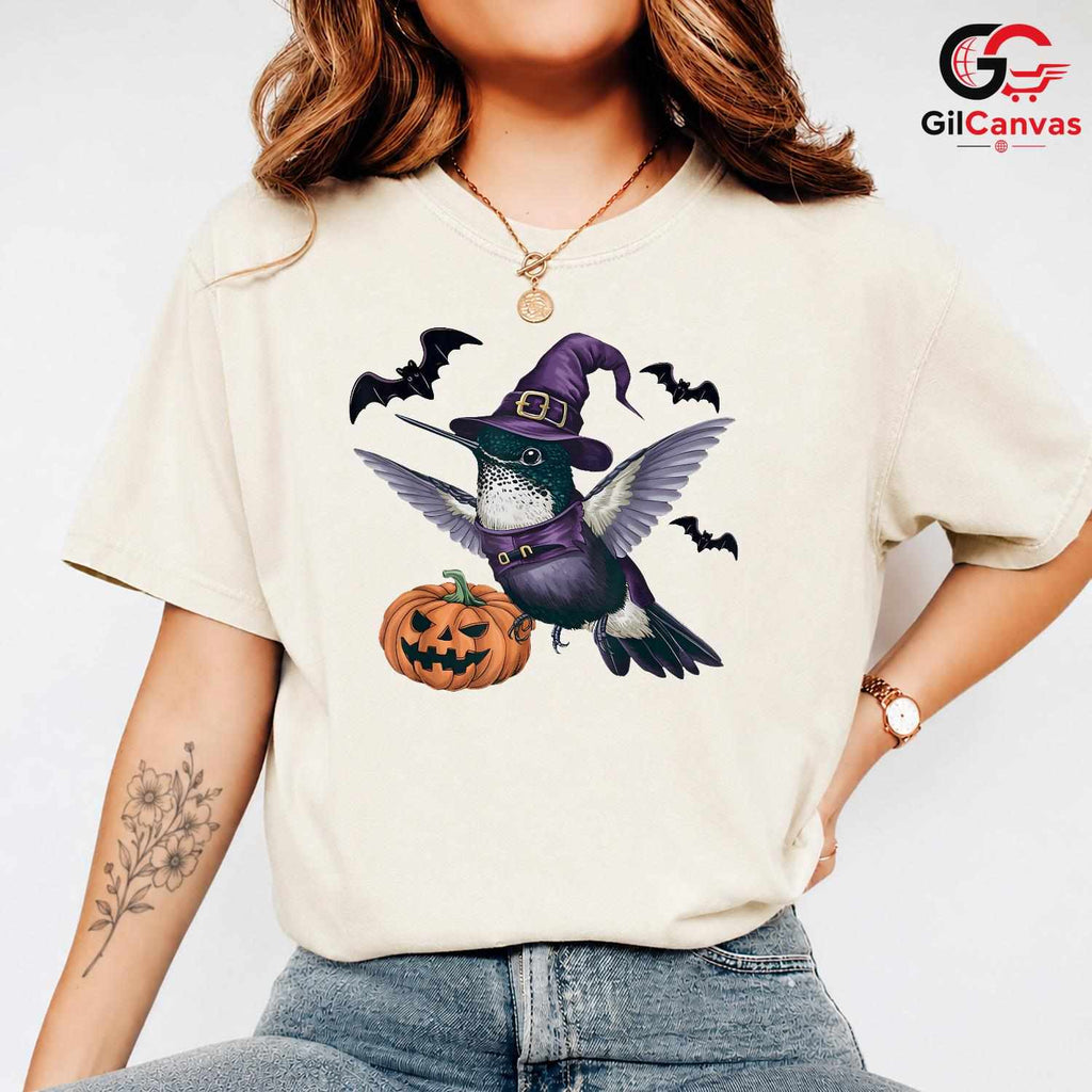 Hummingbird Witch Pumpkin T-Shirt Unisex Cute Spooky Animal Gift For Kids