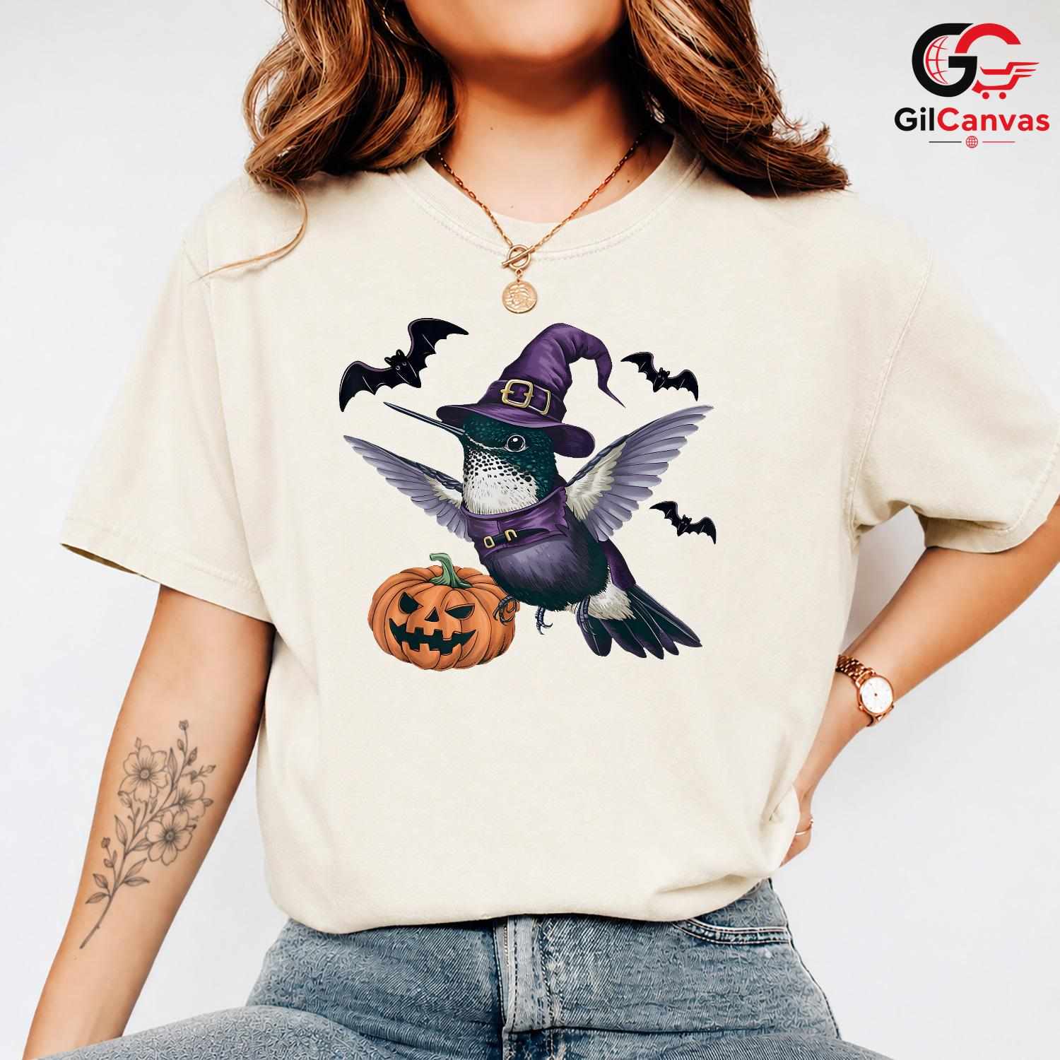Hummingbird Witch Pumpkin T-Shirt Unisex Cute Spooky Animal Gift For Kids