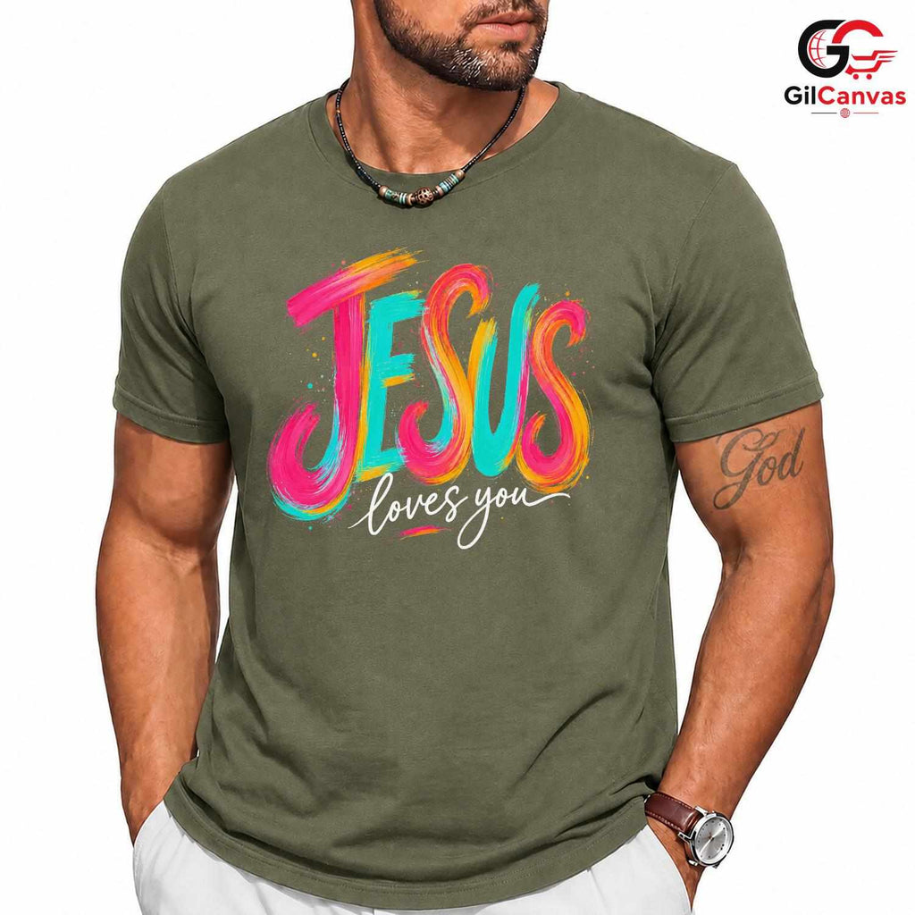 Jesus Loves You Graphic Tee Colorful Christmas Inspirational Unisex Apparel
