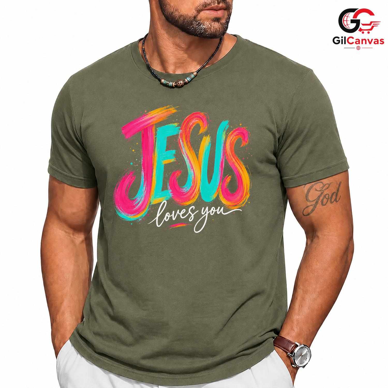 Jesus Loves You Graphic Tee Colorful Christmas Inspirational Unisex Apparel