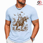 Jesus Riding TRex Graphic T-Shirt Funny Surreal Humor Unisex Vintage Apparel Tee