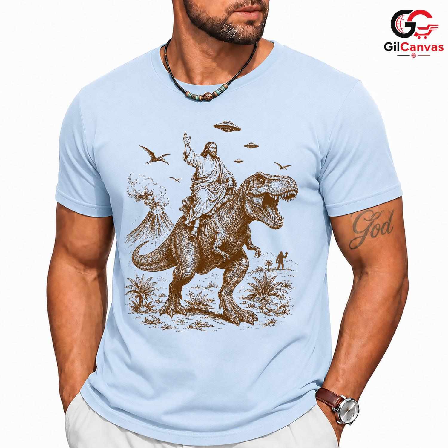 Jesus Riding TRex Graphic T-Shirt Funny Surreal Humor Unisex Vintage Apparel Tee