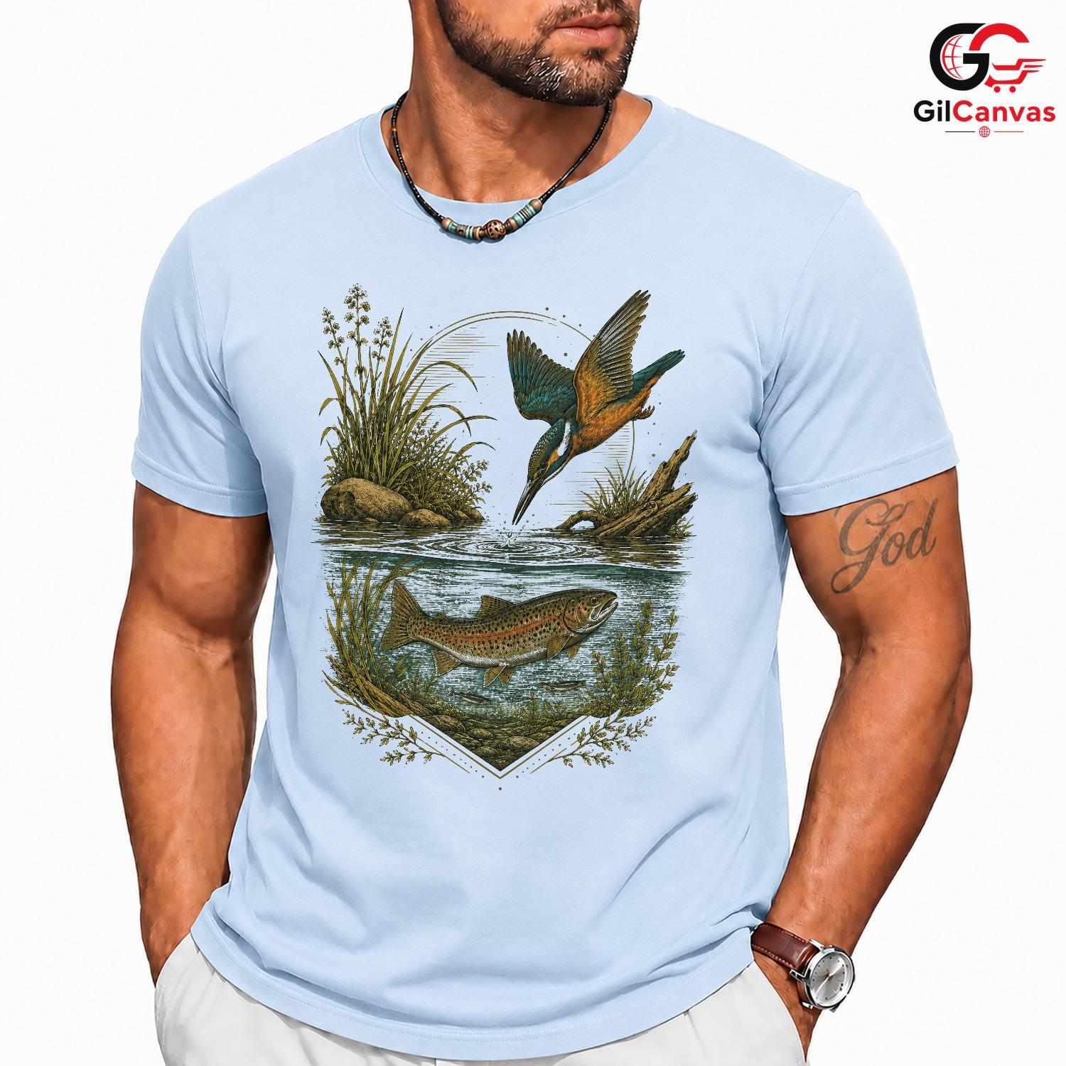 Kingfisher Bird Fishing T-Shirt Nature Lover Outdoor Unisex Graphic Apparel