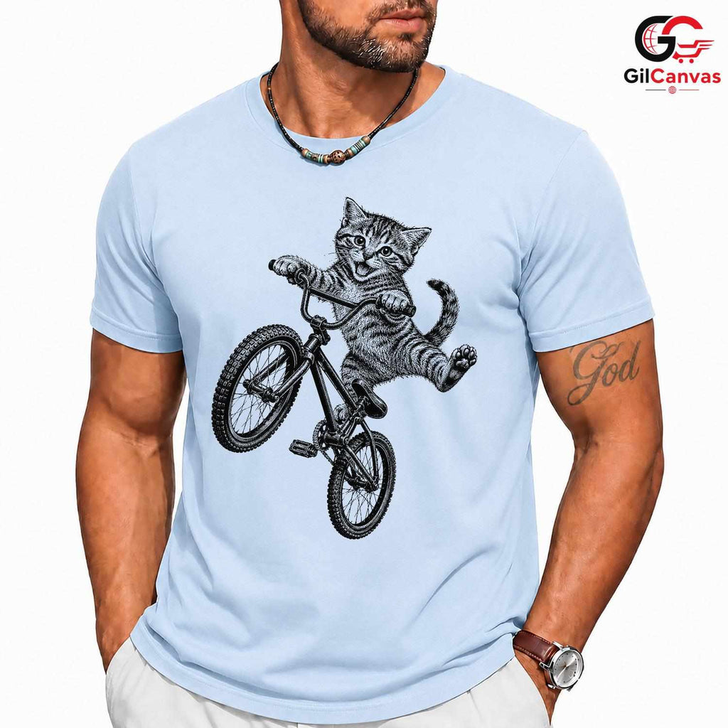 Kitten BMX Bike Rider T-Shirt Happy Tabby Cat Unisex Pet Lover Casual Gift Tee