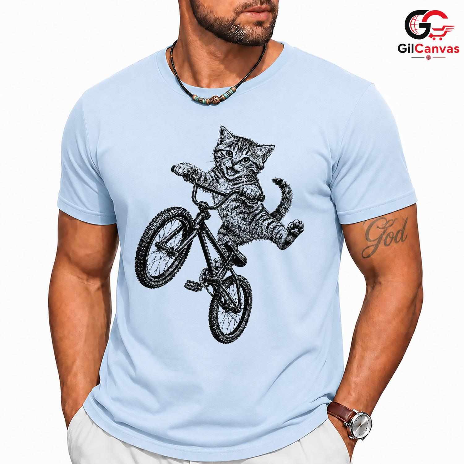 Kitten BMX Bike Rider T-Shirt Happy Tabby Cat Unisex Pet Lover Casual Gift Tee