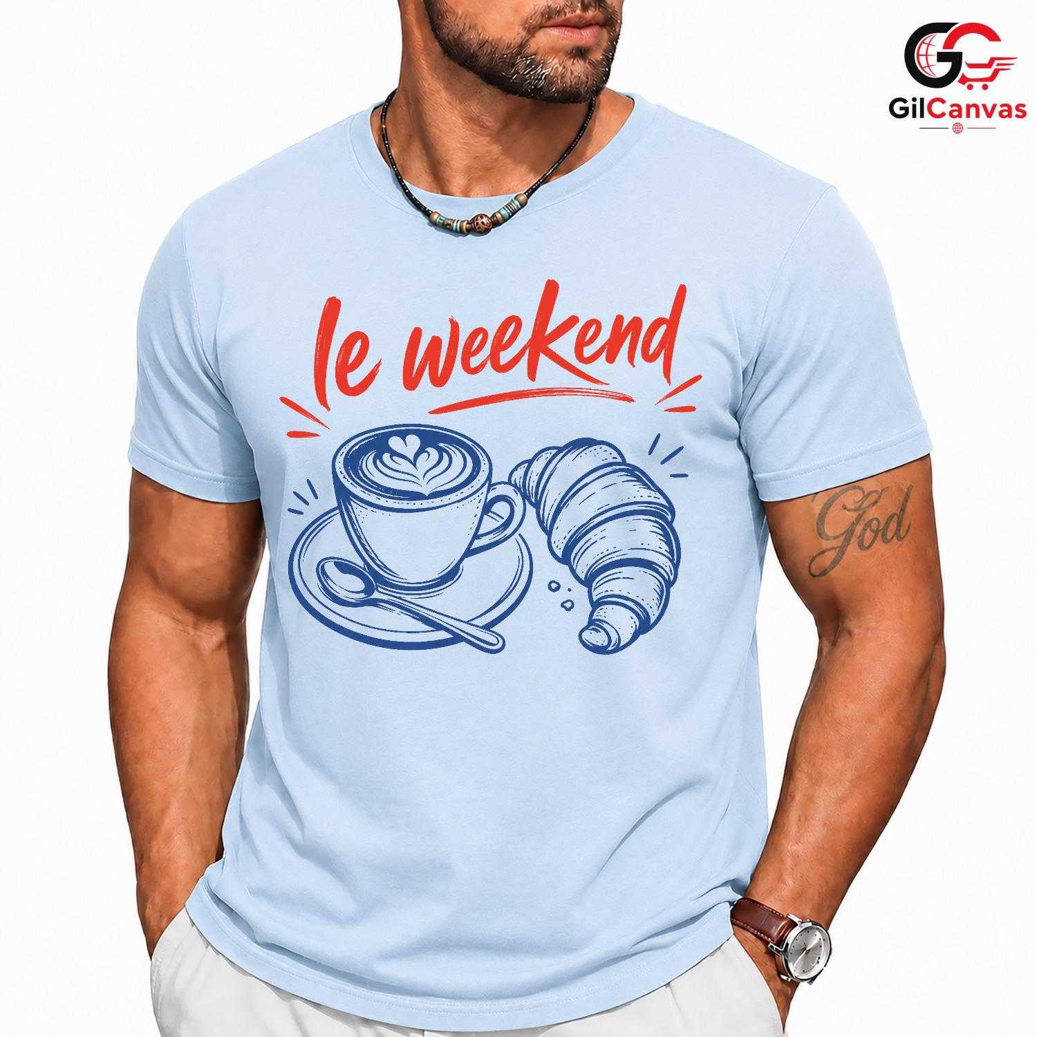 Le Weekend Croissant T-Shirt Coffee Latte Art Foodie Unisex French Relaxing Tee
